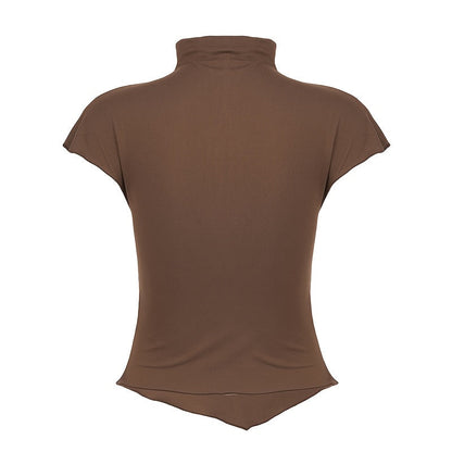 AEY Lace Vintage Buttoned Small Stand Collar Short Sleeve T-Shirt