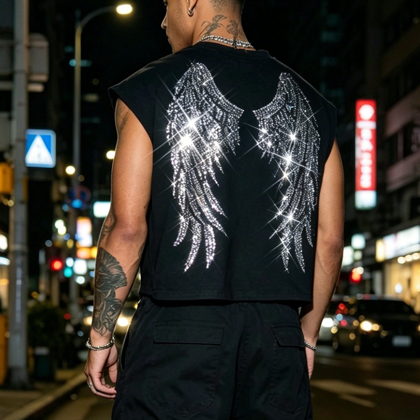 Men's Summer American Street Style Loose Fit Casual Sleeveless Vest with Wing Rhinestone Embellishments