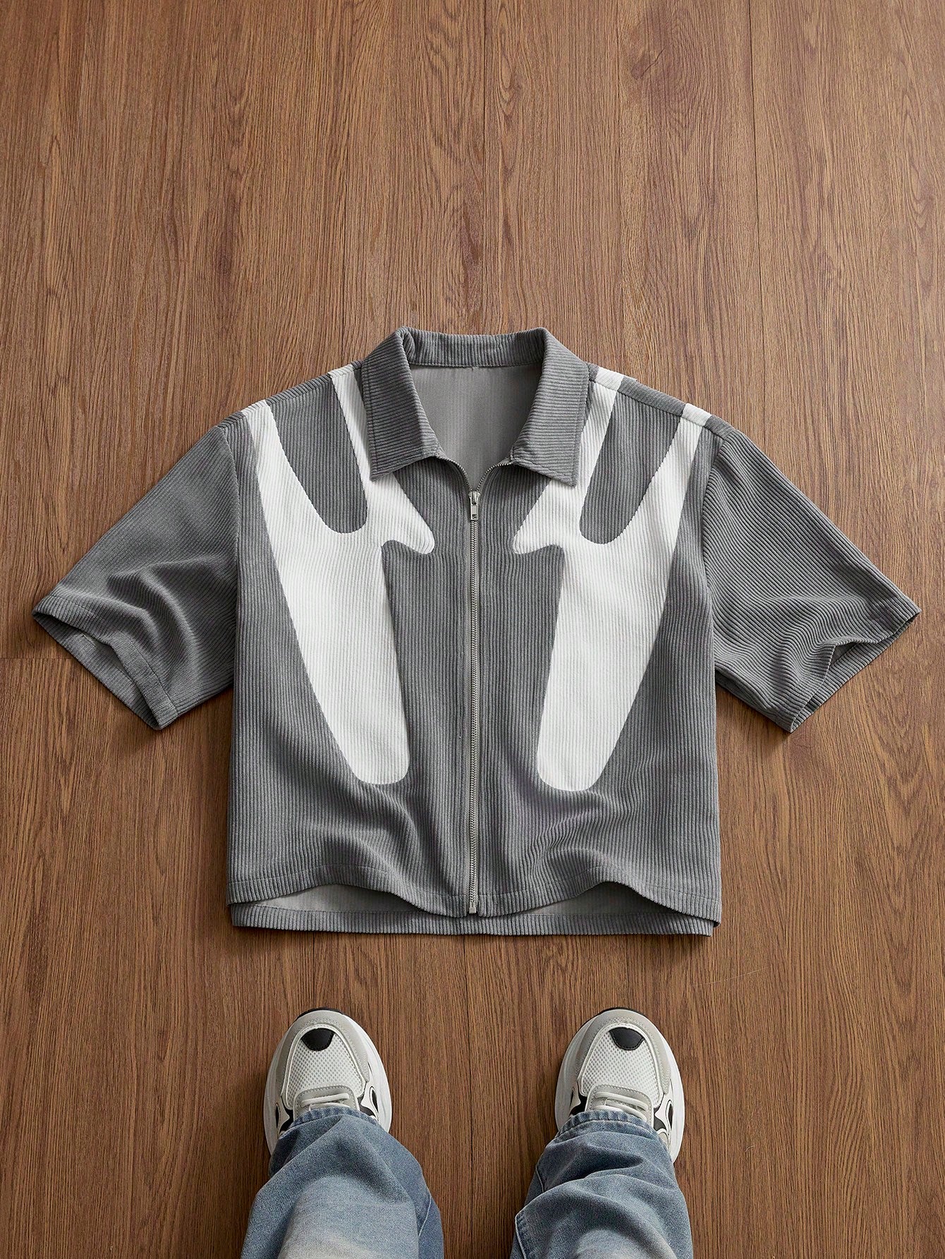 Grey Patchwork Zip Up Shirt