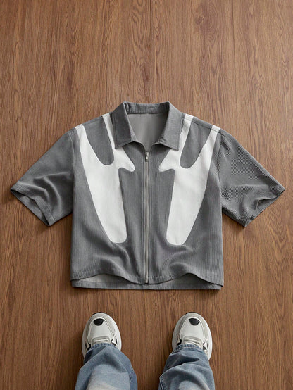 Grey Patchwork Zip Up Shirt