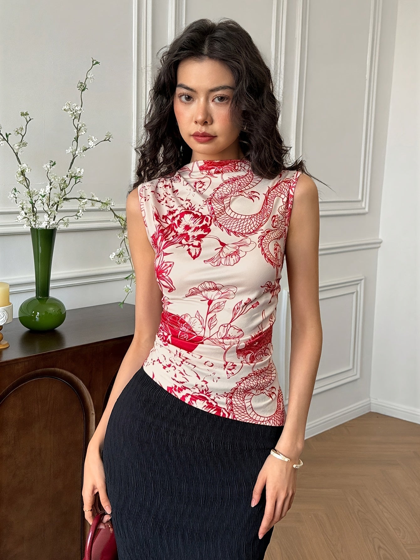 Full-length Ethnic Print Half-high Collar Sleeveless