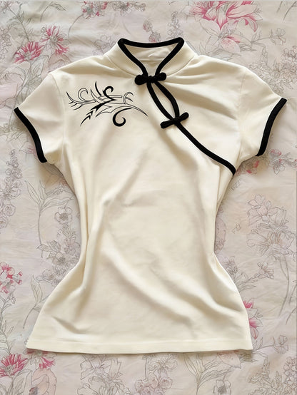 Women's Streetwear, New Stand-up Collar Contrast Trim Elegant Short-sleeve T-shirt