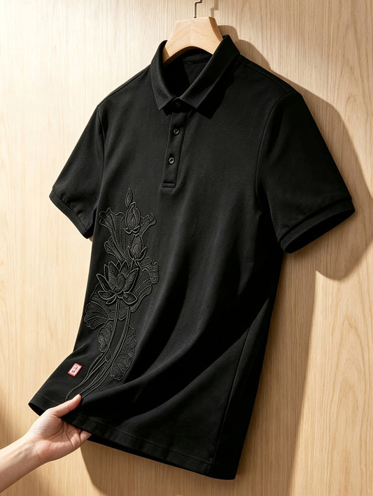 Lotus Embroidery, Lapel Collar, Simple, Stylish, Handsome, Trendy, Slim-Fit Top