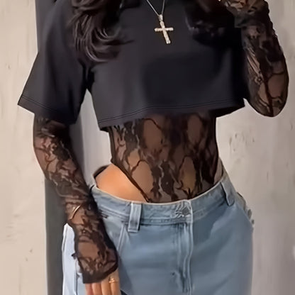 legant Lace Panel Long Sleeve Bodysuit Top for Women