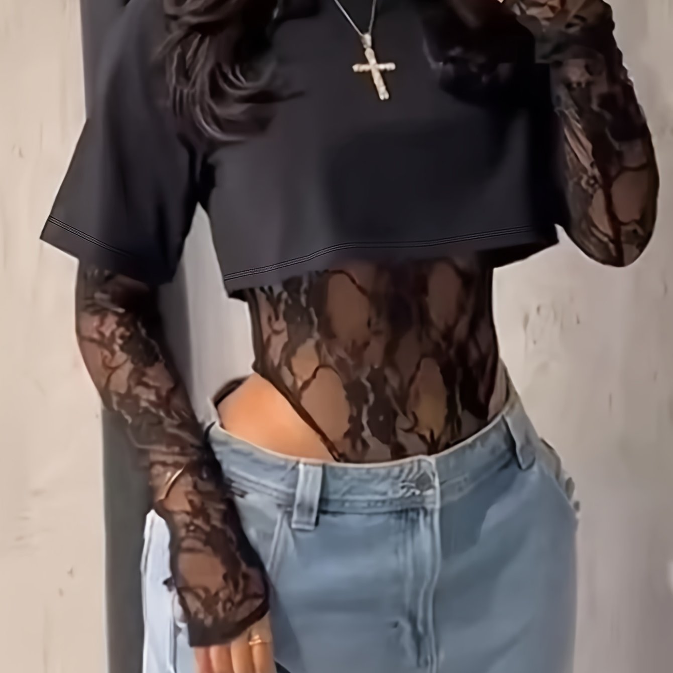 Women's Bodysuit with Patchwork Mesh Design, Back Print, Essential for Dates and Daily Wear