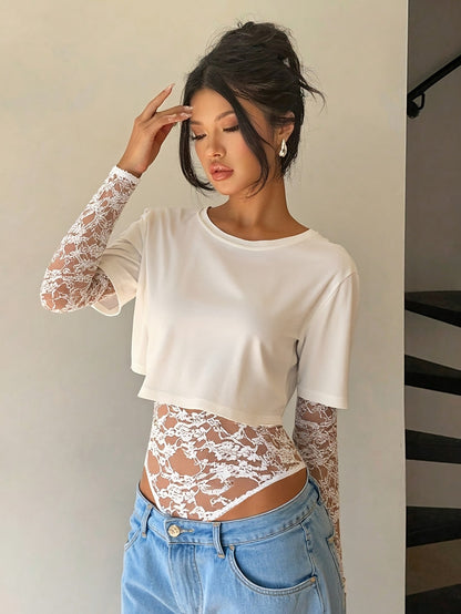 Patchwork Lace Long-Sleeved Versatile Bodysuit,