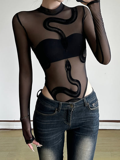 Snake Print Mesh Bodysuit