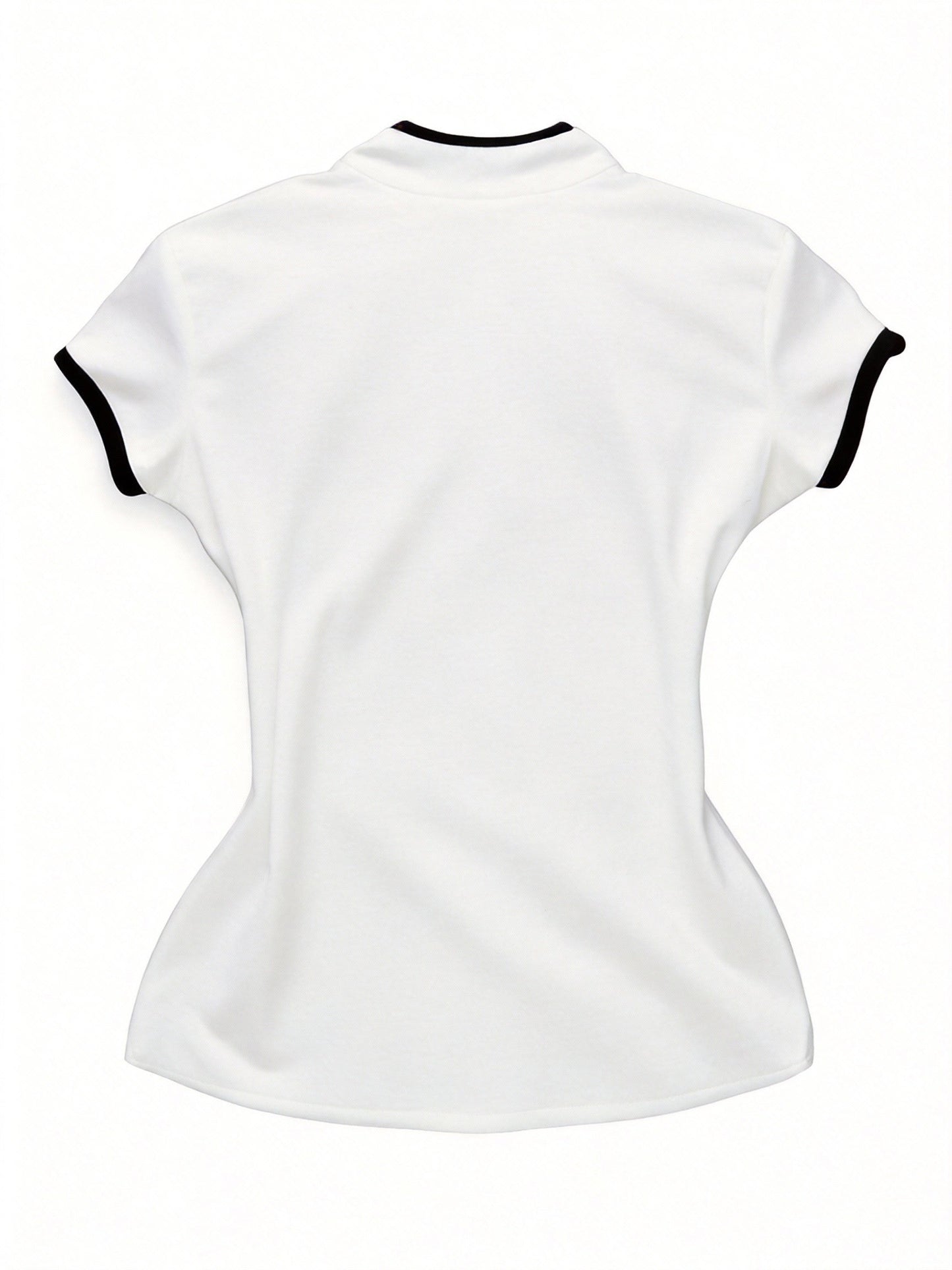 Women's Streetwear, New Stand-up Collar Contrast Trim Elegant Short-sleeve T-shirt