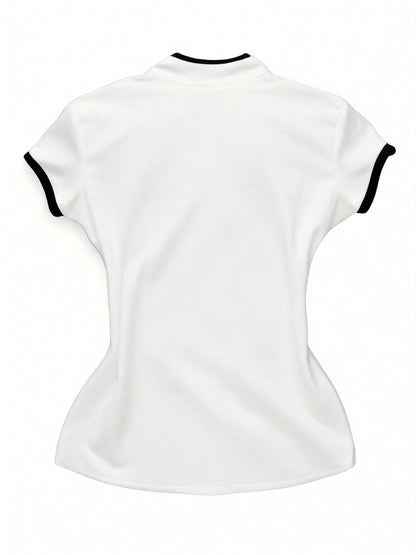 Women's Streetwear, New Stand-up Collar Contrast Trim Elegant Short-sleeve T-shirt