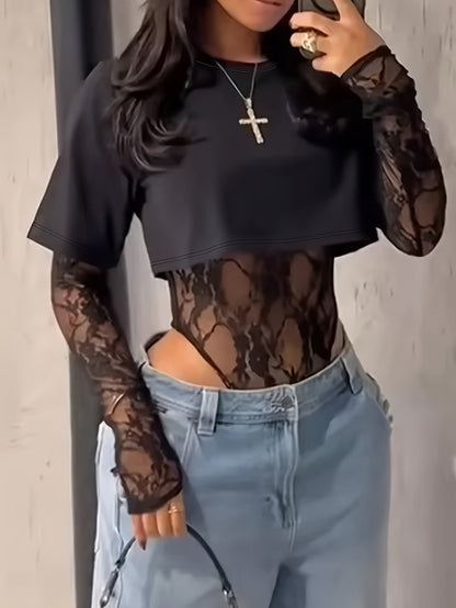 legant Lace Panel Long Sleeve Bodysuit Top for Women