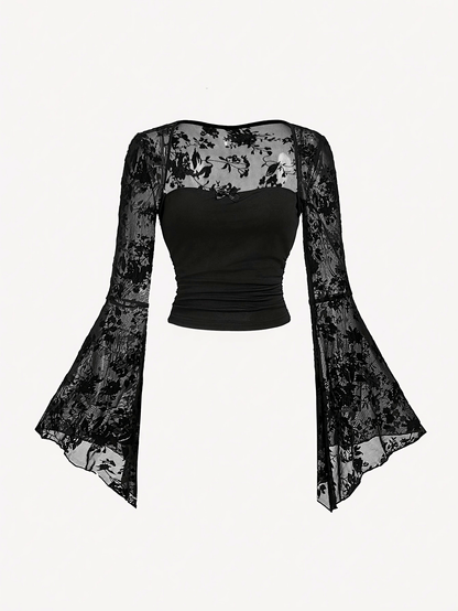 Women'S Black Bell-Sleeve T-Shirt with Lace And Bow Design
