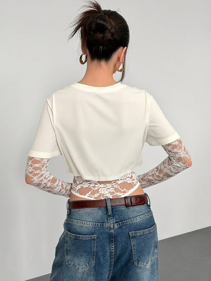 Patchwork Lace Long-Sleeved Versatile Bodysuit,