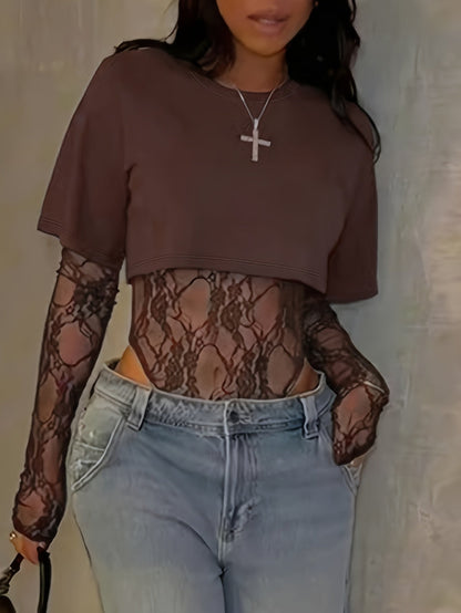 Women's Bodysuit with Patchwork Mesh Design, Back Print, Essential for Dates and Daily Wear