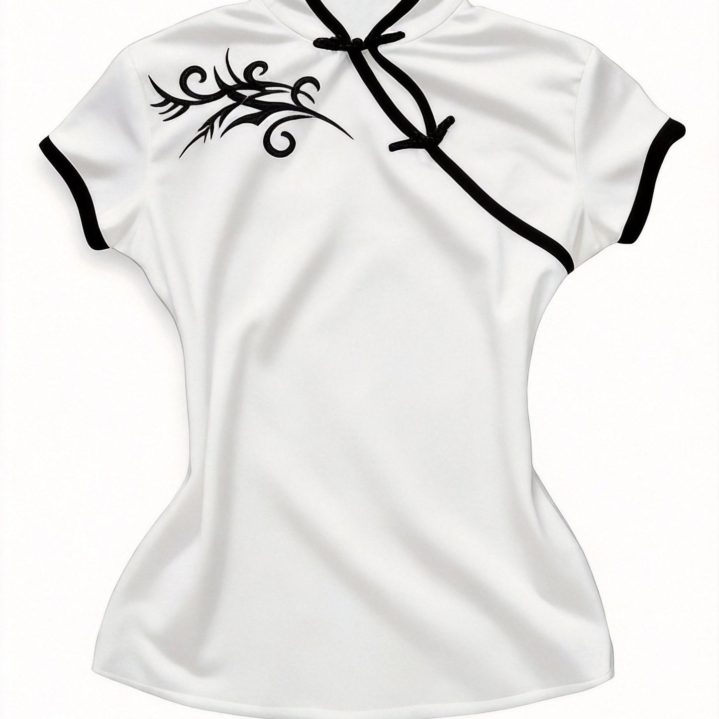 Women's Streetwear, New Stand-up Collar Contrast Trim Elegant Short-sleeve T-shirt