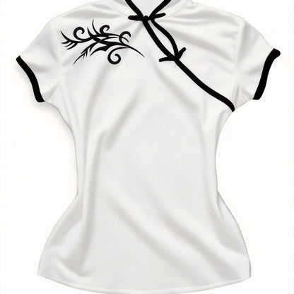 Women's Streetwear, New Stand-up Collar Contrast Trim Elegant Short-sleeve T-shirt
