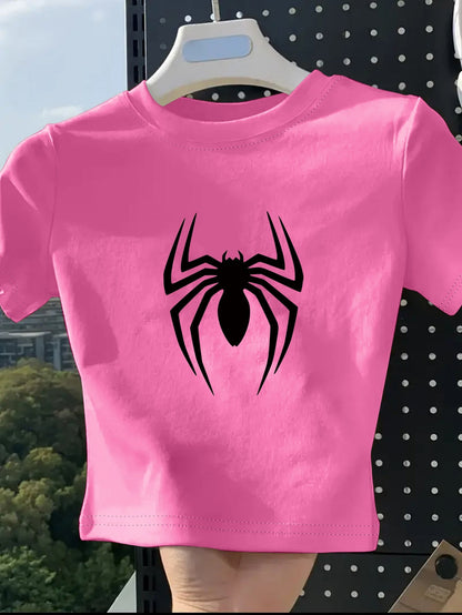 Women's Fashion Printed T-Shirt with Spider Pattern Design, Soft and Breathable