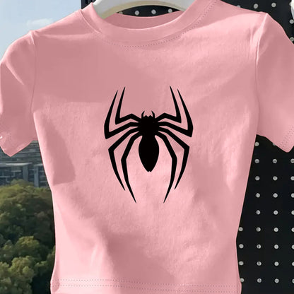 Women's Fashion Printed T-Shirt with Spider Pattern Design, Soft and Breathable