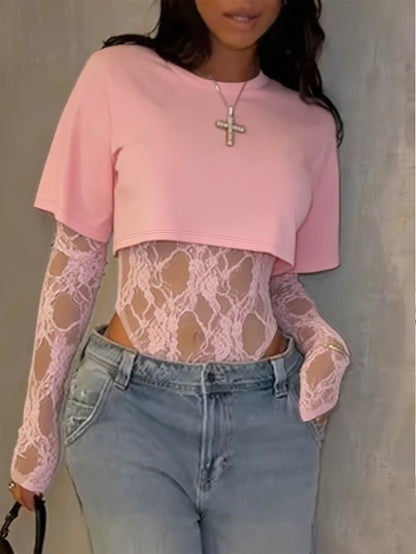 Women's Bodysuit with Patchwork Mesh Design, Back Print, Essential for Dates and Daily Wear