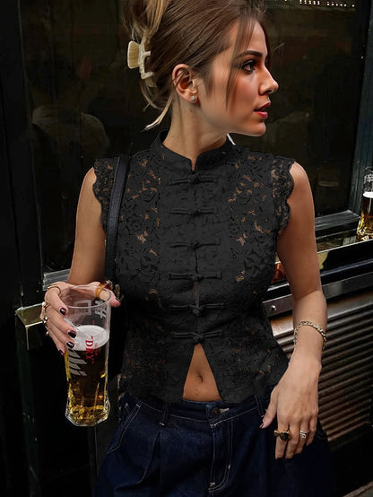 Chinese Style Mandarin Collar Button-Up Vest Shirt
