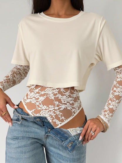 Patchwork Lace Long-Sleeved Versatile Bodysuit,