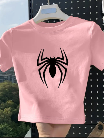 Women's Fashion Printed T-Shirt with Spider Pattern Design, Soft and Breathable