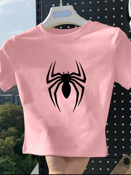 Women's Fashion Printed T-Shirt with Spider Pattern Design, Soft and Breathable