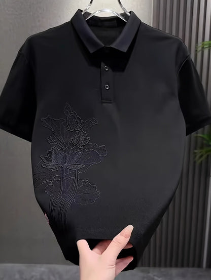 Lotus Embroidery, Lapel Collar, Simple, Stylish, Handsome, Trendy, Slim-Fit Top