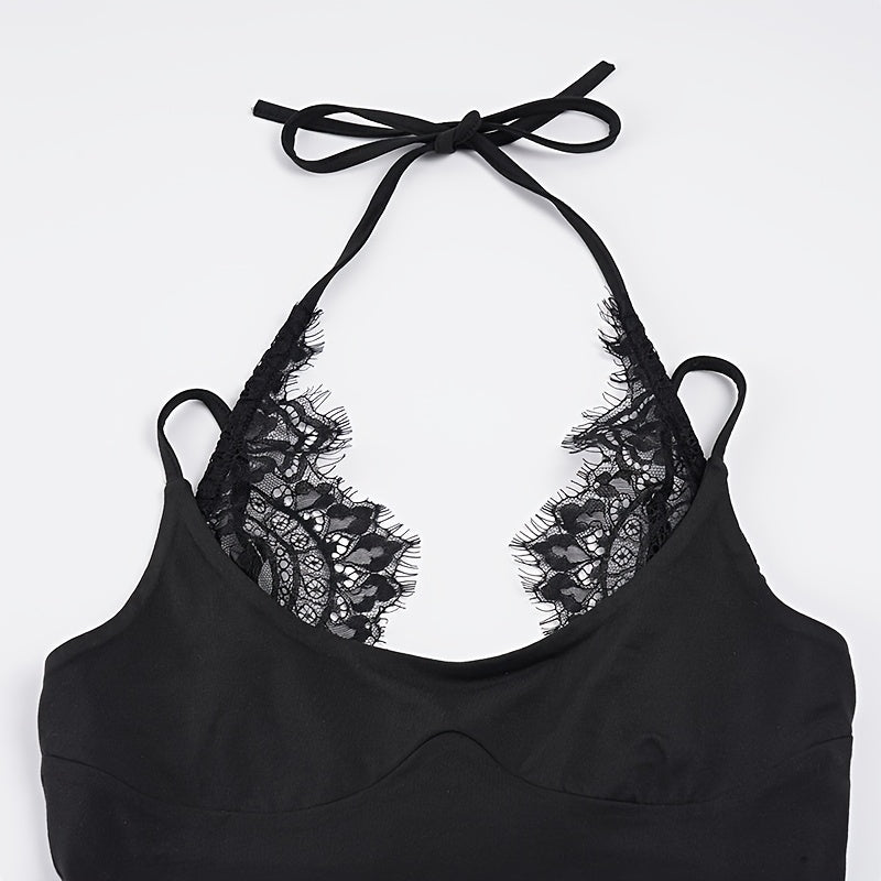 Basic 2-in-1 Look Lace Patchwork Solid Color Slim-Fit Versatile Halter Neck Women's Bodysuit