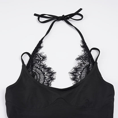 Basic 2-in-1 Look Lace Patchwork Solid Color Slim-Fit Versatile Halter Neck Women's Bodysuit