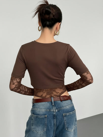 Patchwork Lace Long-Sleeved Versatile Bodysuit,