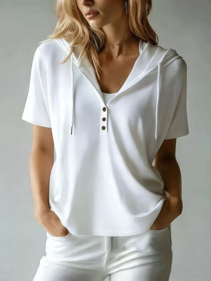 Women's Summer Short Sleeve Hooded T-Shirt Top - Loose Fit