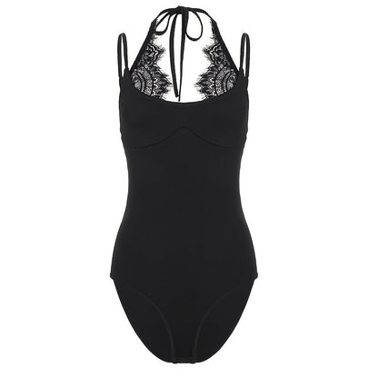 Basic 2-in-1 Look Lace Patchwork Solid Color Slim-Fit Versatile Halter Neck Women's Bodysuit