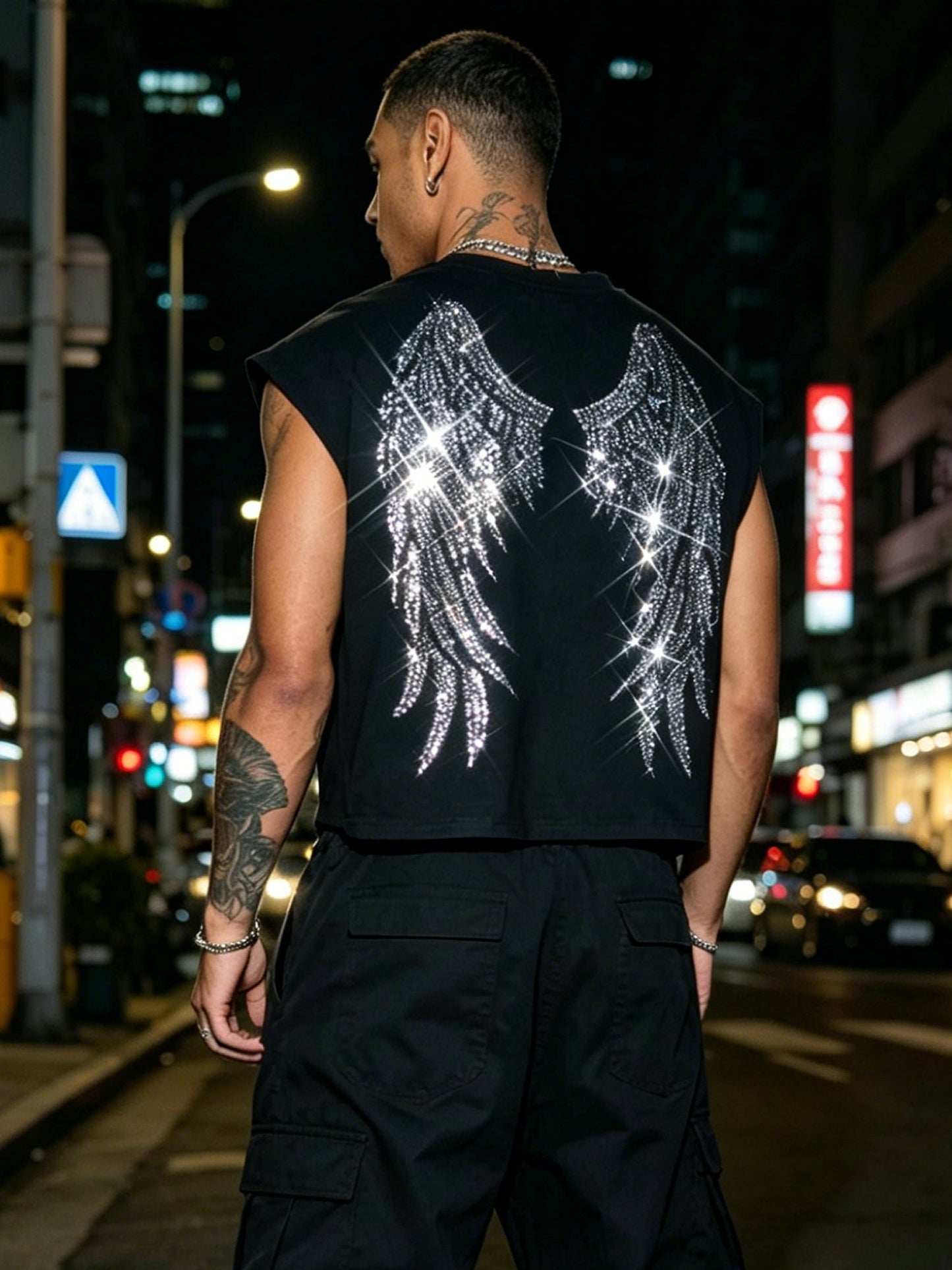 Men's Summer American Street Style Loose Fit Casual Sleeveless Vest with Wing Rhinestone Embellishments