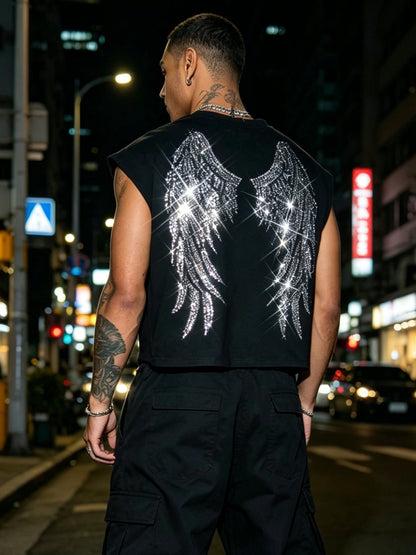 Men's Summer American Street Style Loose Fit Casual Sleeveless Vest with Wing Rhinestone Embellishments