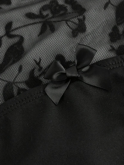 Women'S Black Bell-Sleeve T-Shirt with Lace And Bow Design
