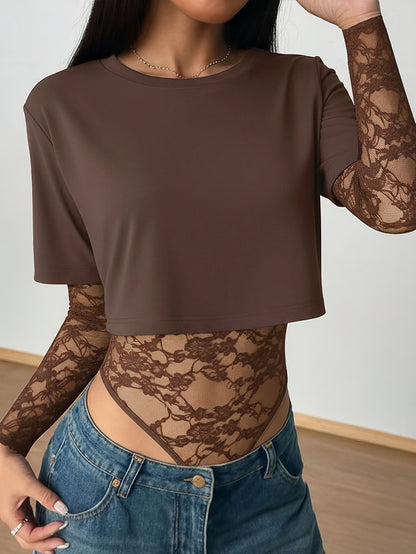 Patchwork Lace Long-Sleeved Versatile Bodysuit,