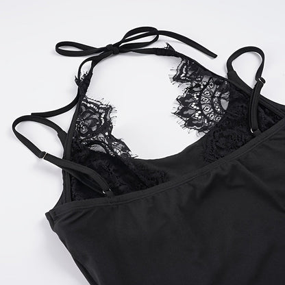 Basic 2-in-1 Look Lace Patchwork Solid Color Slim-Fit Versatile Halter Neck Women's Bodysuit