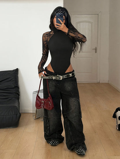 Stylish And Sexy Fitted Semi-Sheer Lace Panel Women'S Bodysuit Top