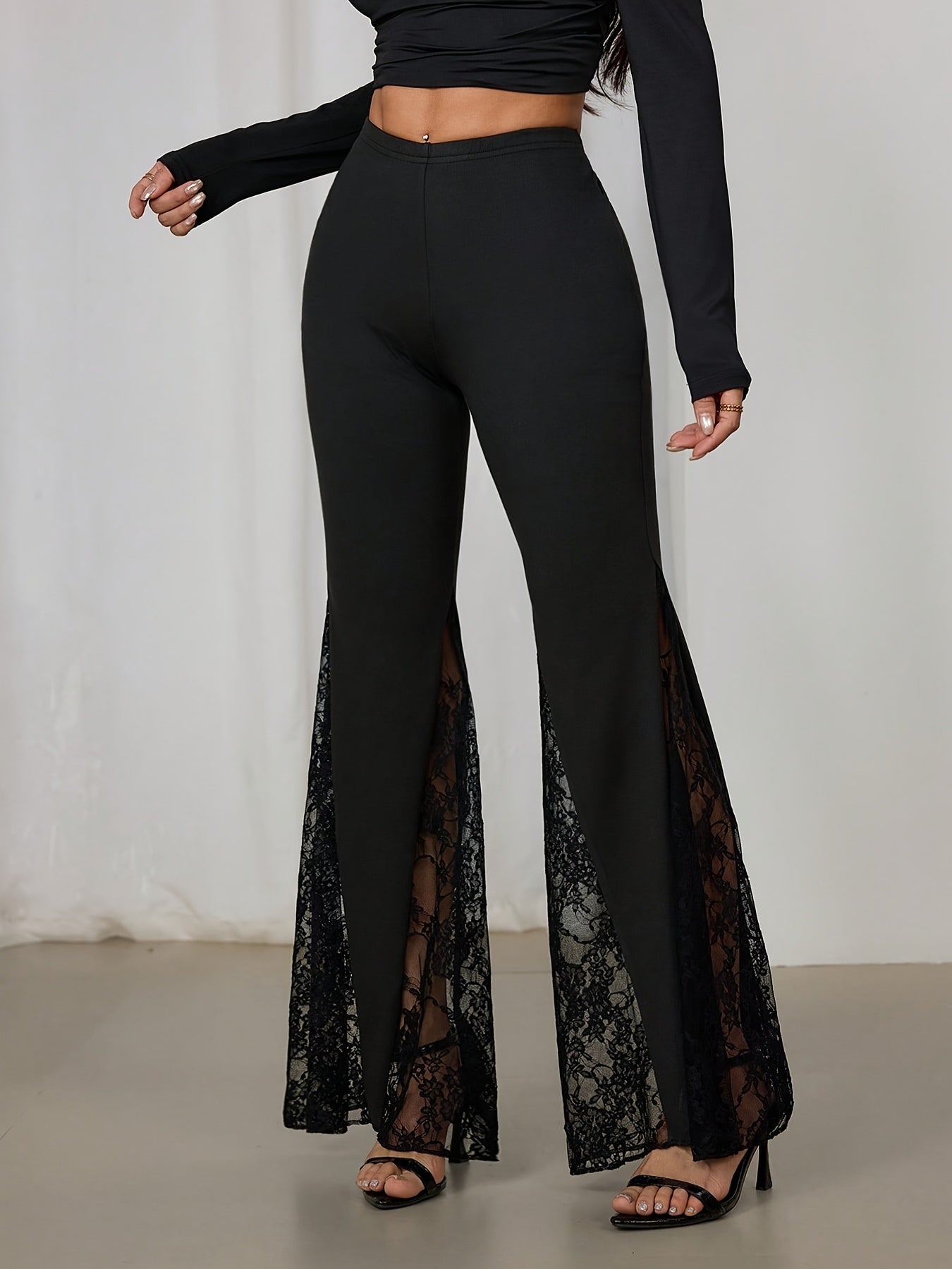 Women's Solid-color Trousers with Elastic Waistband and Lace Bell Flare, Flared Pants,