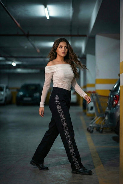 Black Wide-Leg Rhinestone Side Stripe Jeans | Premium Party Wear Fit