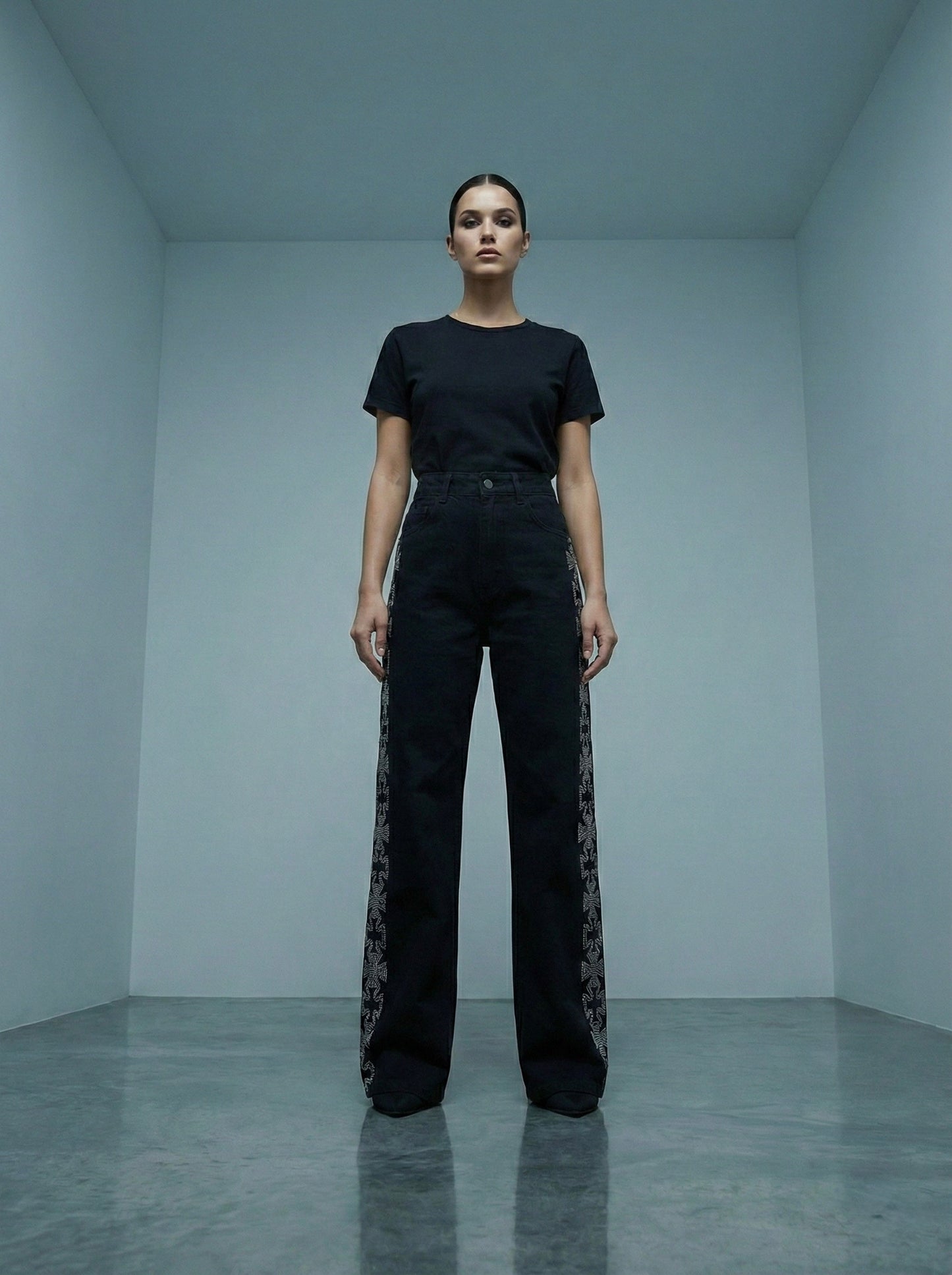 Black Wide-Leg Rhinestone Side Stripe Jeans | Premium Party Wear Fit