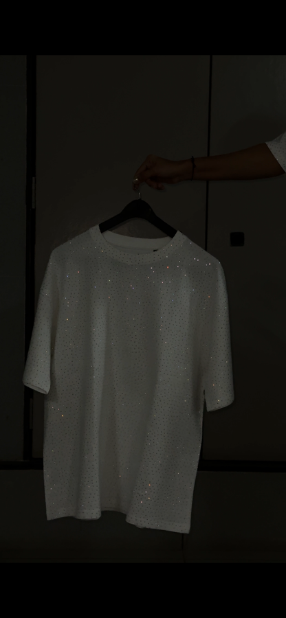 Stellar Spark – Premium Rhinestone Oversized White Unisex T-Shirt