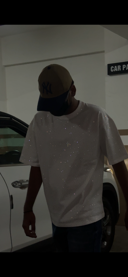 Stellar Spark – Premium Rhinestone Oversized White Unisex T-Shirt