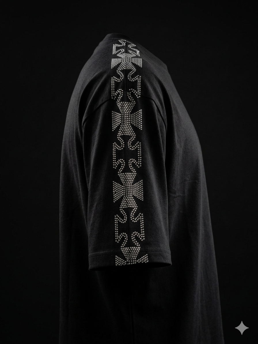 Black Oversized Rhinestone T-Shirt with Crystal Cross Sleeve – Unisex