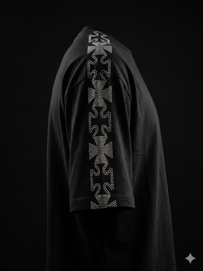 Black Oversized Rhinestone T-Shirt with Crystal Cross Sleeve – Unisex
