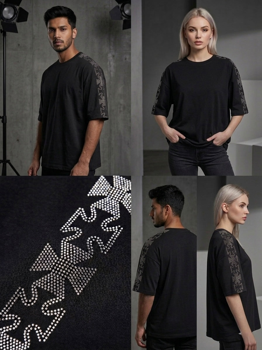 Black Oversized Rhinestone T-Shirt with Crystal Cross Sleeve – Unisex