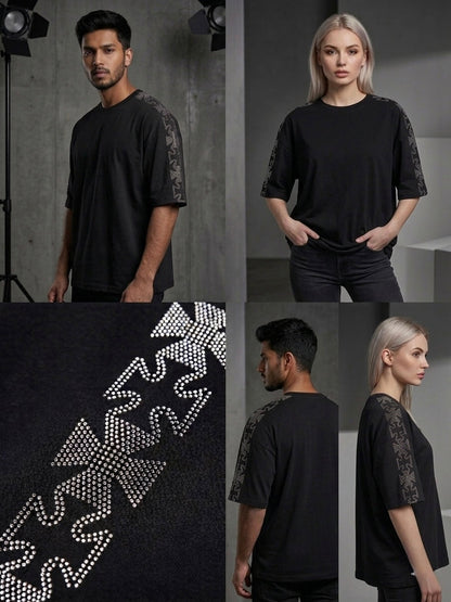 Black Oversized Rhinestone T-Shirt with Crystal Cross Sleeve – Unisex