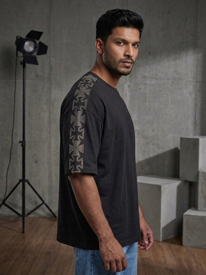 Black Oversized Rhinestone T-Shirt with Crystal Cross Sleeve – Unisex