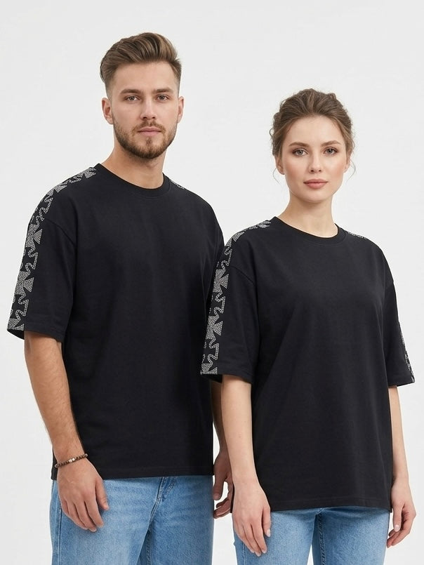 Black Oversized Rhinestone T-Shirt with Crystal Cross Sleeve – Unisex