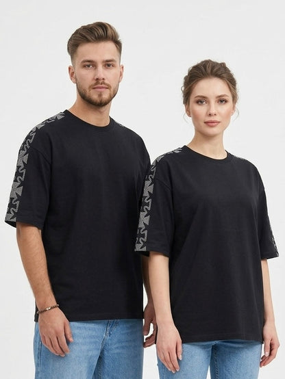 Black Oversized Rhinestone T-Shirt with Crystal Cross Sleeve – Unisex